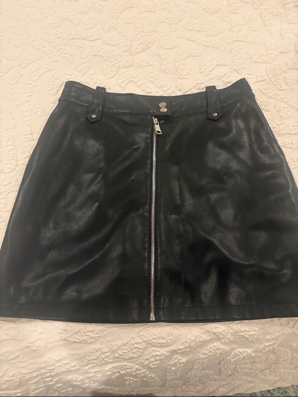 7 For All Mankind Black Faux Leather Front-Zip A-Line Mini Skirt